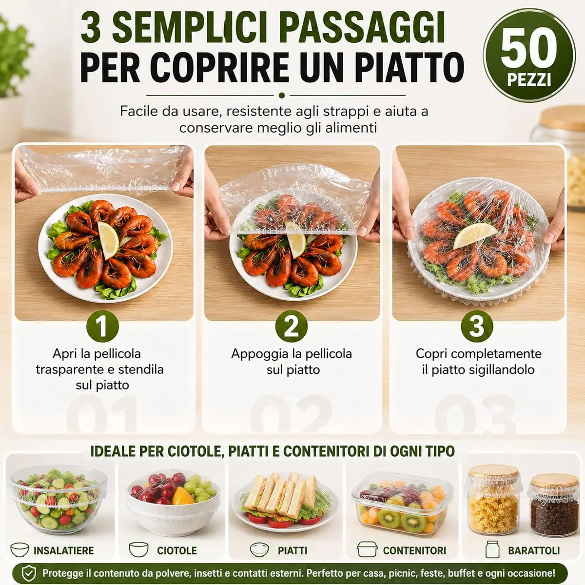 50 Cuffie Copri Alimenti Riutilizzabili con Elastico – Copri Vivande Trasparenti Estensibili 10-25 cm per Ciotole, Piatti e Contenitori, Conservazione Cibi in Casa, Frigo e Buffet