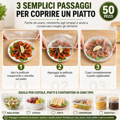 50 Cuffie Copri Alimenti Riutilizzabili con Elastico – Copri Vivande Trasparenti Estensibili 10-25 cm per Ciotole, Piatti e Contenitori, Conservazione Cibi in Casa, Frigo e Buffet