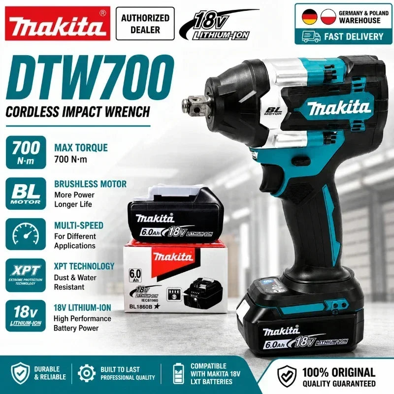 Avvitatore a impulsi Makita DTW700 18V senza fili, brushless, 700 Nm, professionale, con attacco quadrato da 1/2 pollice, velocità variabile, Auto-Stop, compatibile con batterie Makita LXT BL1830 BL1840 BL1850 BL1860B - Maga