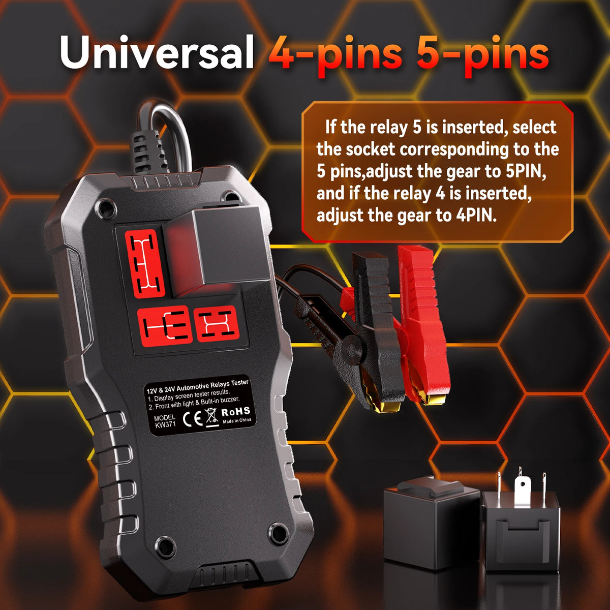 Tester Batteria Auto 2in1 KONNWEI KW371 2026 e Tester Relè a 4 Pin 5 Pin 6V 12V 24V con Stampa Dati Guasto, Test Avvio e Strumento di Scansione Ricarica