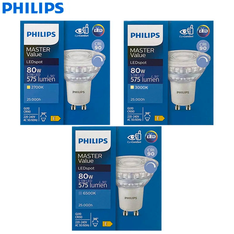 Philips LED GU10 PAR16 MASTER Value 5.5W (=80W Alogeno) 220-240V 36 °   Faretto Orientabile Dimmerabile LED Bianco 2700K 3000K 6500K