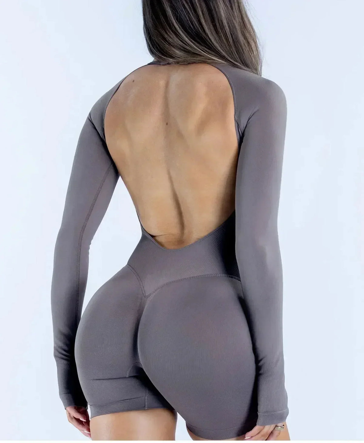 LOGO Tuta Intera a Maniche Lunghe Senza Schiena, Alta Elasticità, Effetto Push-Up sui Glutei, Body da Allenamento Senza Cuciture, Tuta Corta per Palestra e Yoga, Abbigliamento Sportivo Fitness