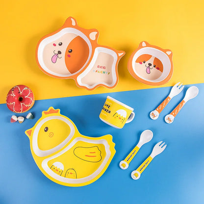Set di stoviglie in fibra di bambù con pollo simpatico cartone animato: piatto, ciotola, forchetta, cucchiaio per uso domestico, pasti per bambini piccoli, svezzamento del bambino, quotidiano