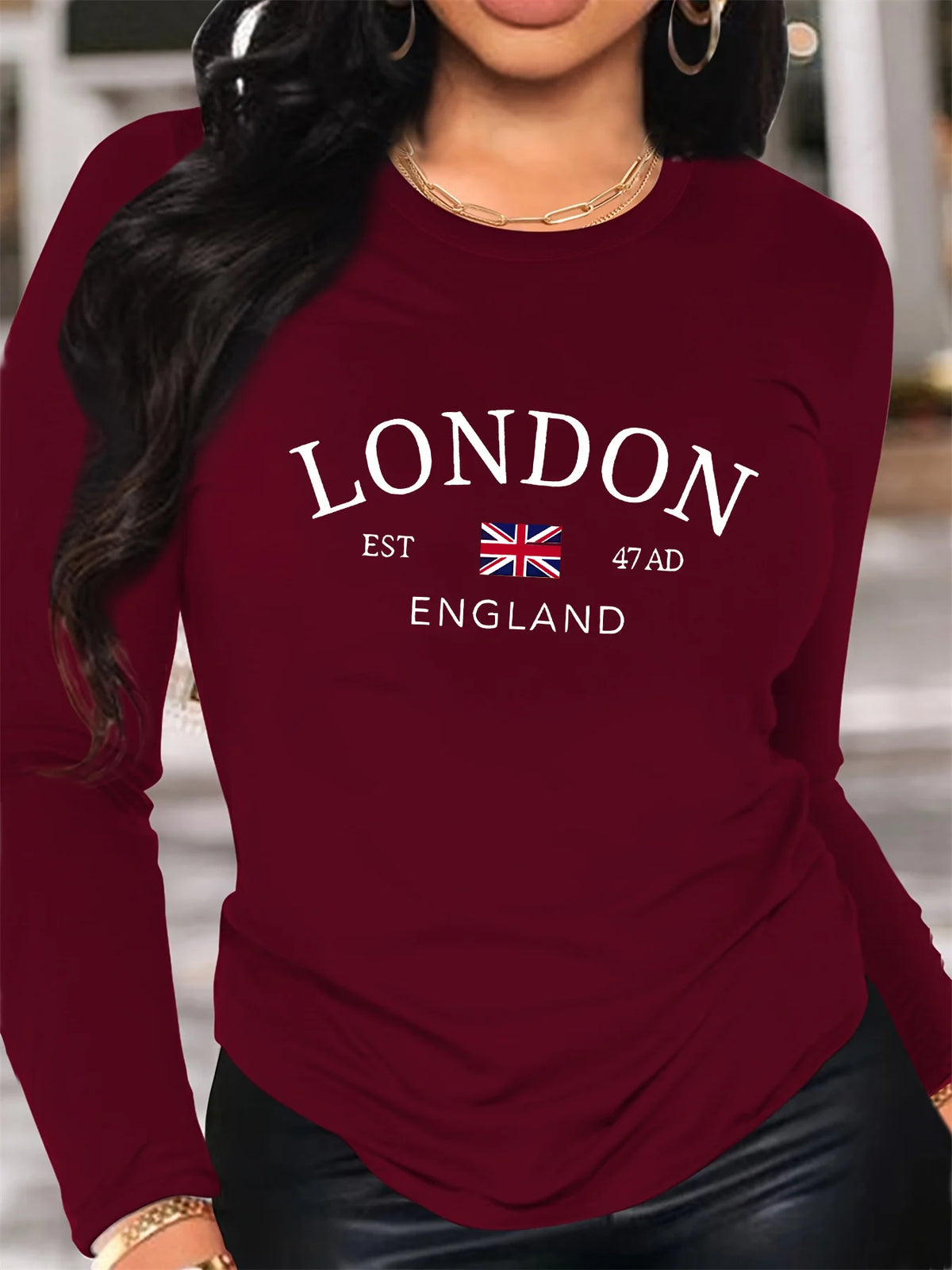 T-shirt da donna in 100% puro cotone, ideale per la primavera e l'autunno, comoda, casual, a maniche lunghe, con stampa a motivi inglese e scollo rotondo.