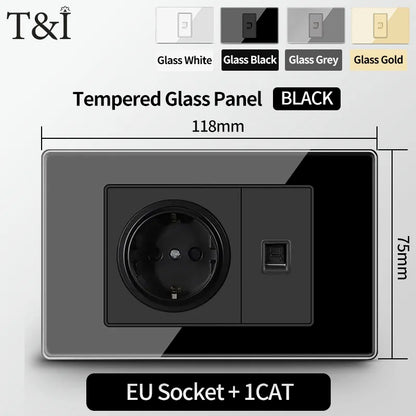 Prese per interruttori a muro T&I con tipo USB  C Ricarica rapida, presa Italia, presa Schuko Cile, pannello in vetro temperato per la casa