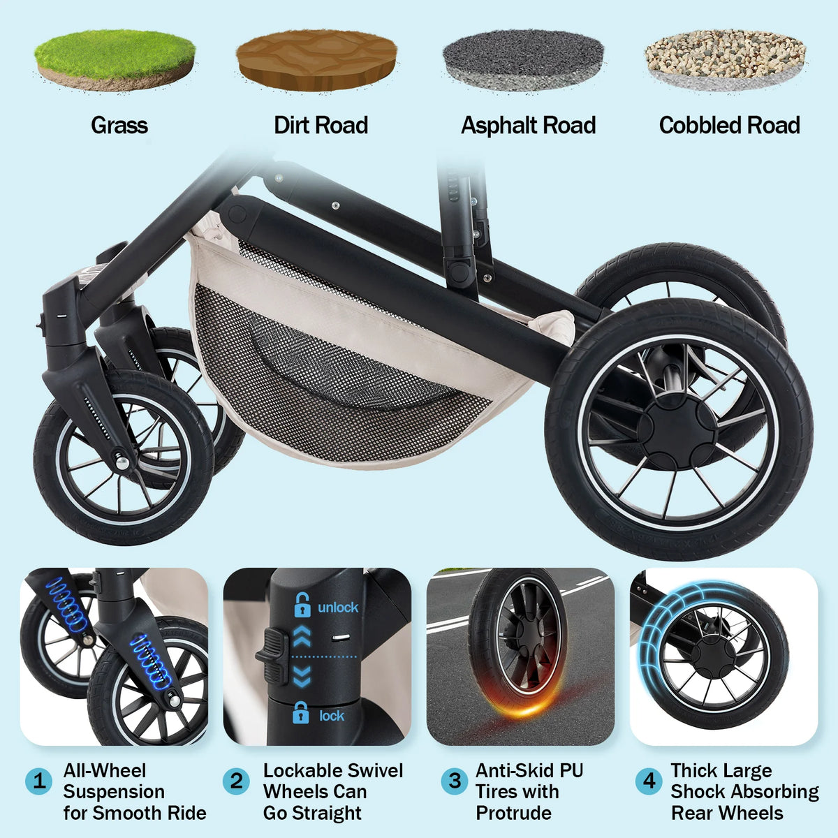 Lussuoso passeggino da viaggio portatile 3 in 1 Carrello pieghevole in alluminio ad alto paesaggio Carrozzina a quattro ruote per neonato