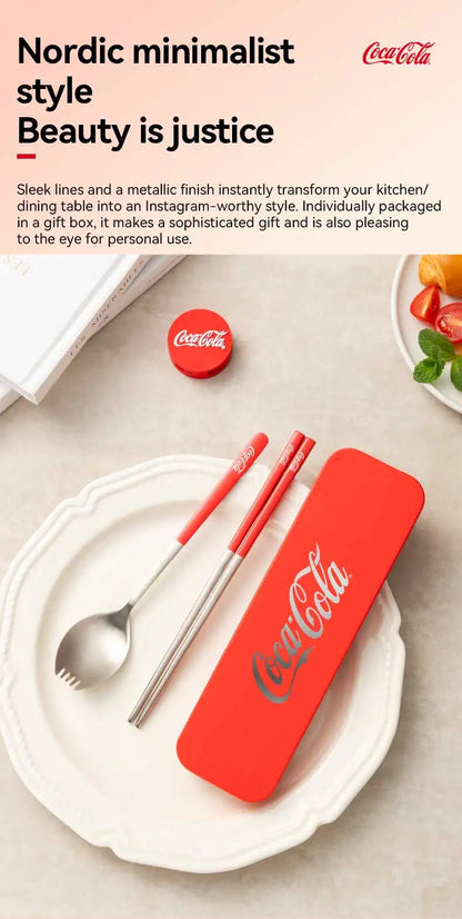 Set di posate portatili Coca Cola in acciaio inossidabile 304, forchetta e cucchiaio da viaggio con custodia per campeggio, picnic, cucina all'aperto, idea regalo