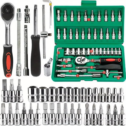 Kit di Riparazione Auto da 46 Pezzi con Attrezzi a Cricchetto Verdi per Manutenzione Veicoli