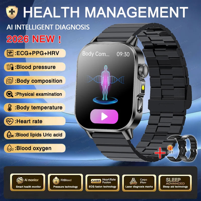 Nuovo Smartwatch per Uomo con Diagnosi ECG Accurata, Misurazione di Pressione Sanguigna, Ossigeno nel Sangue, Grasso nel Sangue, Acido Urico, Temperatura, Chiamate Bluetooth