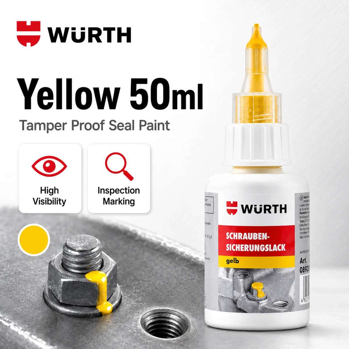 Sigillante Antimanomissione Originale Wurth 50ml, Vernice per Rilevamento Movimento, Segnalazione Ispezione Viti, Bulloni e Dadi, Rosso Giallo Blu