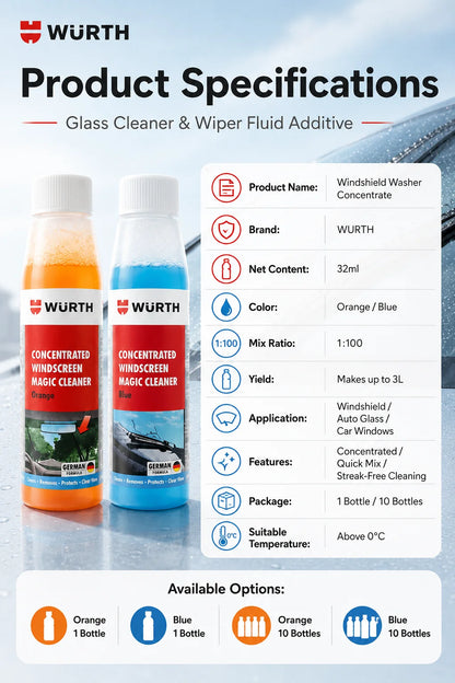 WURTH Detergente Concentrato per Parabrezza 1:100 Miscelazione Rapida Senza Aloni per Vetri Auto 32ml Arancione Blu