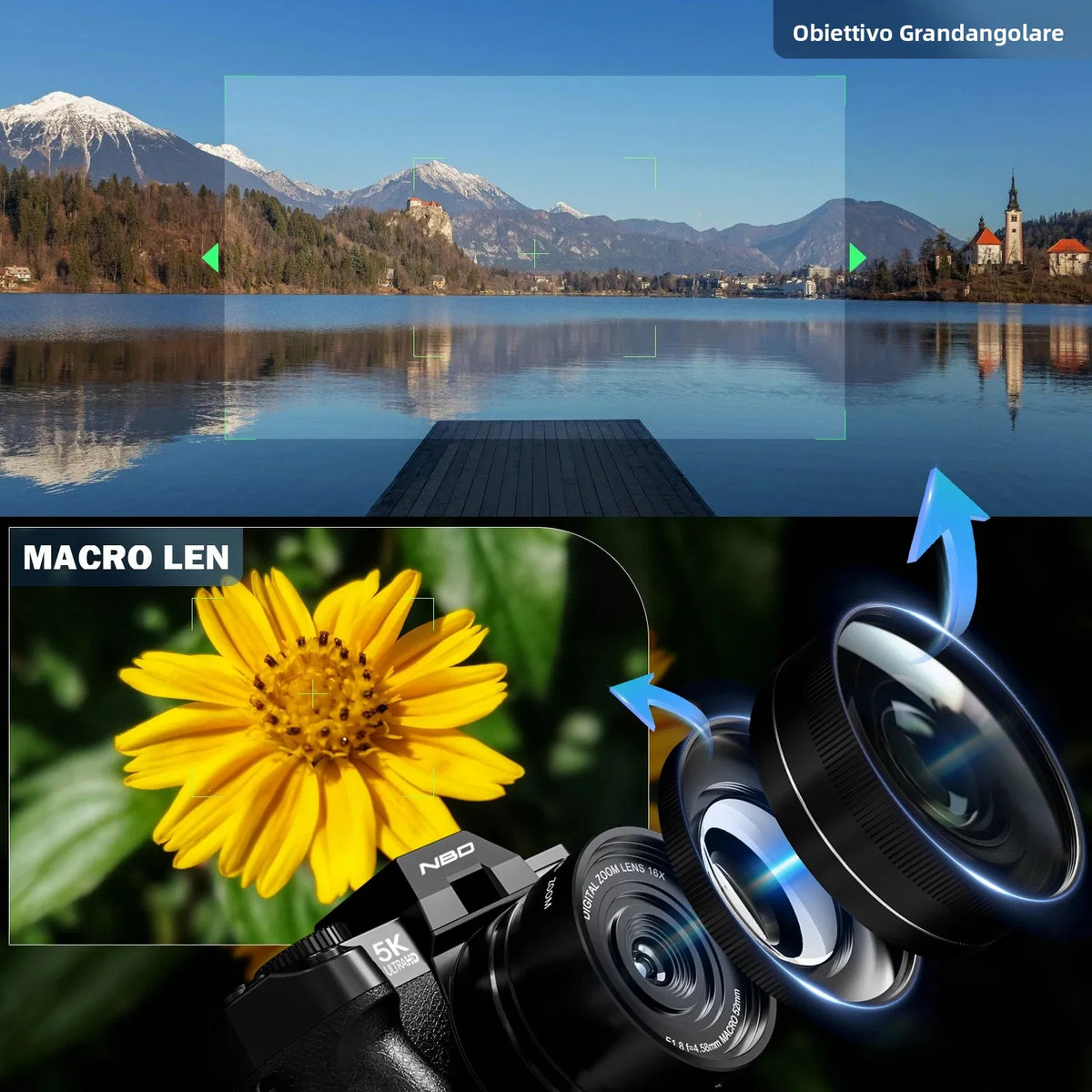 Fotocamera digitale NBD 5K 64MP, 180 ° Fotocamera per Vlogging con Schermo Ribaltabile, Anti-Shake, Zoom 16X, WiFi, Scheda TF da 64GB Inclusa
