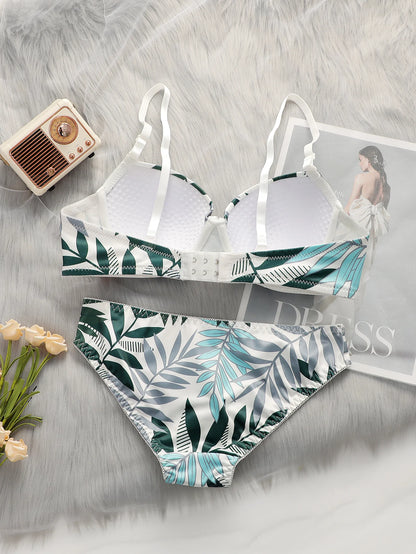Set di biancheria intima sexy da donna Set di biancheria intima con anello in acciaio con raccolta di 3/4 tazze di foglie stampate A2137