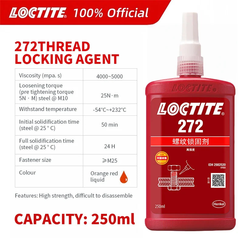 100% originale Loctite 272 Frenafiletti Vite Colla Rossa Colla anaerobica ad alta resistenza Fissatore per viti 50ml/250ml