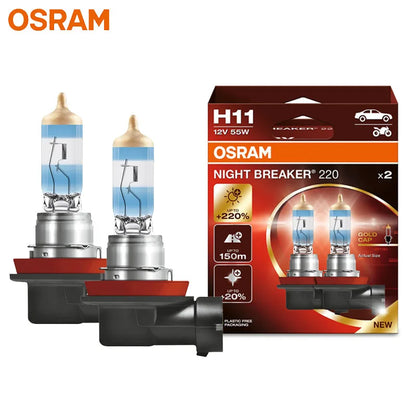 OSRAM Night Breaker 220 Lampade per auto H4 H7 H11 Faro alogeno + 220% Potenza luminosa + Fascio lungo 150 m Luce originale 12 V Germania, 2x