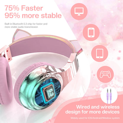 Cuffie wireless a forma di orecchie di gatto per ragazze e bambini, cuffie Bluetooth con volume sicuro 74/85/94dB, cuffie pieghevoli per bambini, ideali per i viaggi