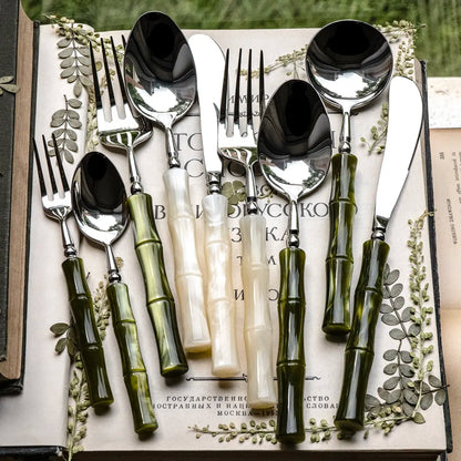 Set di Posate in Resina Stile Bambù, Acciaio Inossidabile 304, Posate Classiche, Opzioni da 1/3/4 Pezzi per Casa e Cucina