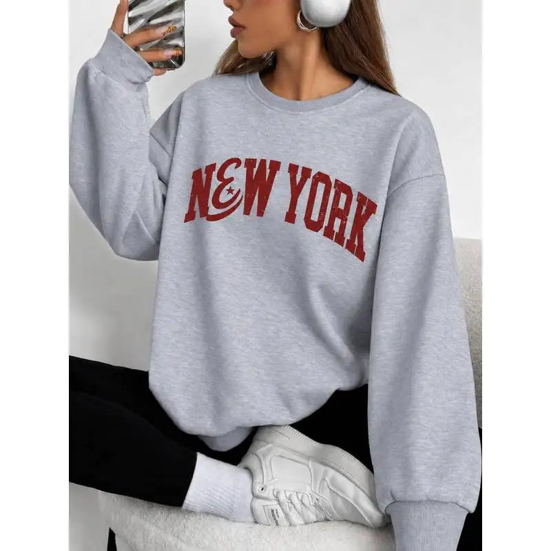 Felpa con stampa a tema New York, felpa da donna con collo alla marinara e fodera in pile, felpe sportive e per il tempo libero, ideali per l’autunno e l’inverno.