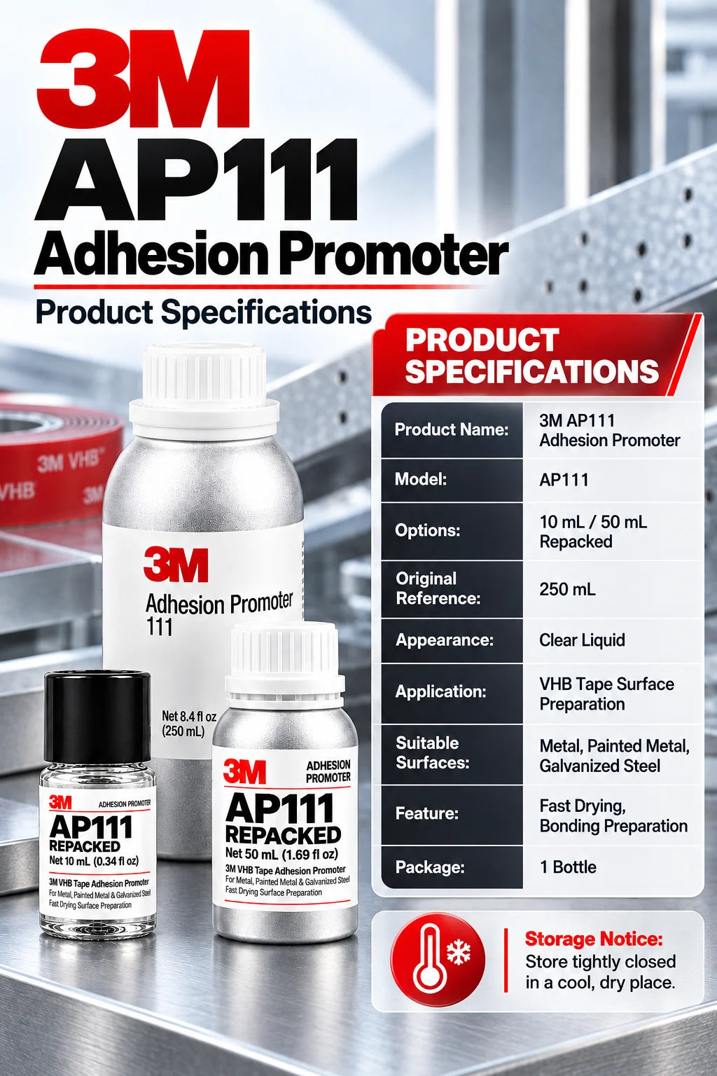 3M AP111 Promotore di Adesione, Primer per Nastro VHB ad Asciugatura Rapida, Preparazione Superficie per Metallo, Acciaio Verniciato e Zincato, Uso Automobilistico, 10ml 50ml