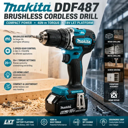 Trapano Avvitatore a Batteria Makita 18V DDF487 Brushless ad Alta Coppia + Batteria al Litio BL1860B BL1840 6.0Ah Kit Utensili Elettrici Spedizione Veloce da Magazzino EU