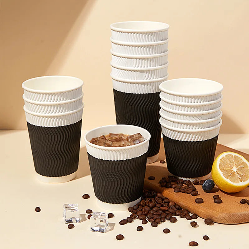 Tazze da caffè usa e getta nere da 12 OZ con coperchi Tazze ondulate a tripla parete per andare a caldo Bicchieri di carta isolati per bevande calde Home Office