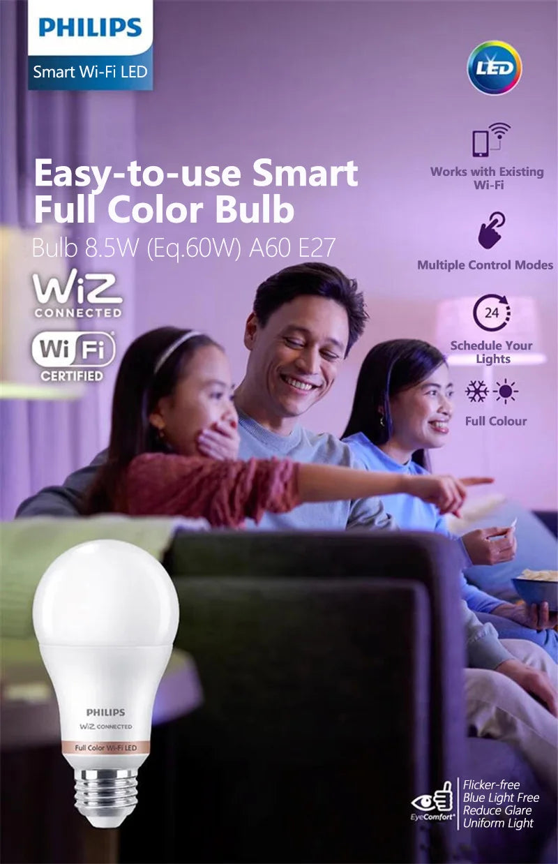 Philips 2PCS LED Smart E27 Lampadine WiZ 8.5W Wi-Fi e Bluetooth 220-240V Full Color EyeComfort Luce smerigliata dimmerabile A Lampade