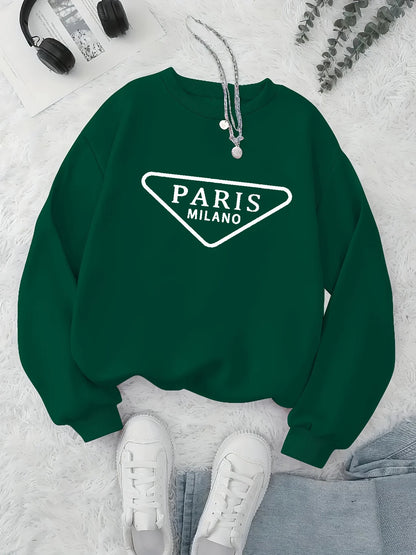 Maglione da donna, modello casual, ideale per l’autunno e l’inverno, ampio, comodo e caldo, con stampa a tema parigino, scollo rotondo e maniche lunghe.