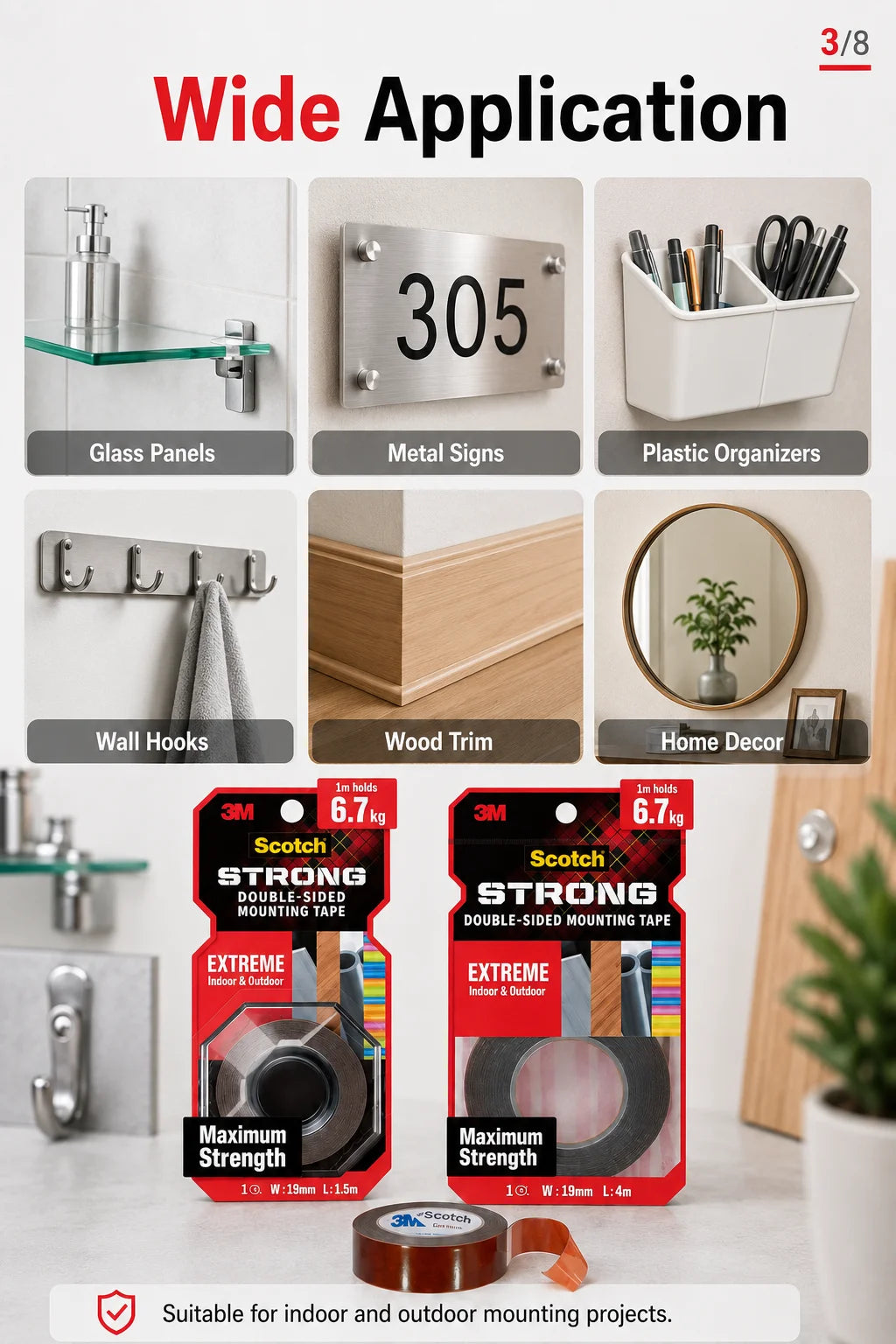 Nastro Biadesivo 3M 414 per Montaggio, Nastro Adesivo in Schiuma Resistente, Impermeabile per Esterni, per Vetro, Metallo, Legno, Muro, 19mm 1.5m 4m
