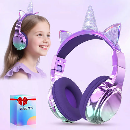 Cuffie wireless Unicorno per bambini Ragazze Auricolari Bluetooth Cuffie pieghevoli con orecchie di gatto per viaggi scolastici Cuffie per bambini