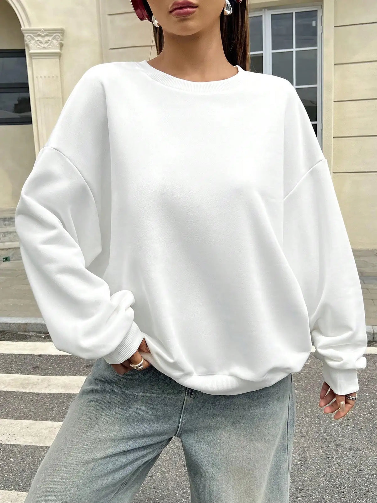 Felpa Sportiva Bianca da Donna per Autunno e Inverno, Top Casual Ampio, Nuova Felpa Casual a Maniche Lunghe con Collo Tondo in Tinta Unita