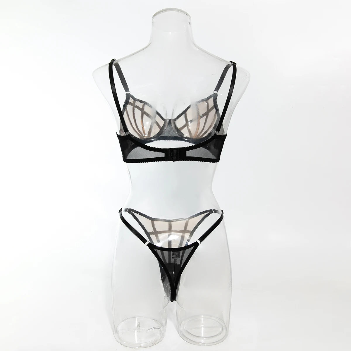 Saldi di liquidazione: Completi intimo sexy a quadri irregolari, 2 pezzi, con inserti in rete trasparente, reggiseni e perizomi, abiti erotici intimi