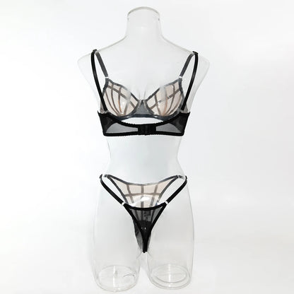 Saldi di liquidazione: Completi intimo sexy a quadri irregolari, 2 pezzi, con inserti in rete trasparente, reggiseni e perizomi, abiti erotici intimi