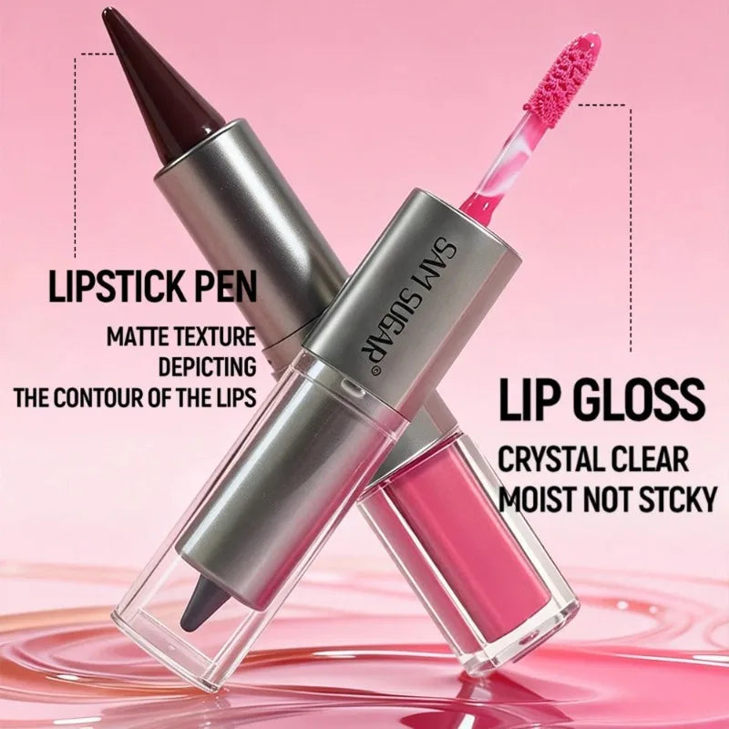 Matita Labbra 2-in-1 Sfumata Marrone Nude con Lucidalabbra Effetto Specchio e Contorno Labbra Opaco Impermeabile per Trucco