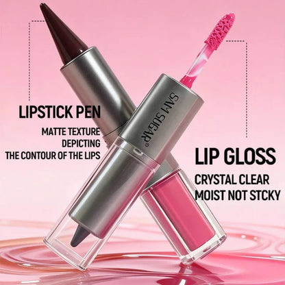 Matita Labbra 2-in-1 Sfumata Marrone Nude con Lucidalabbra Effetto Specchio e Contorno Labbra Opaco Impermeabile per Trucco