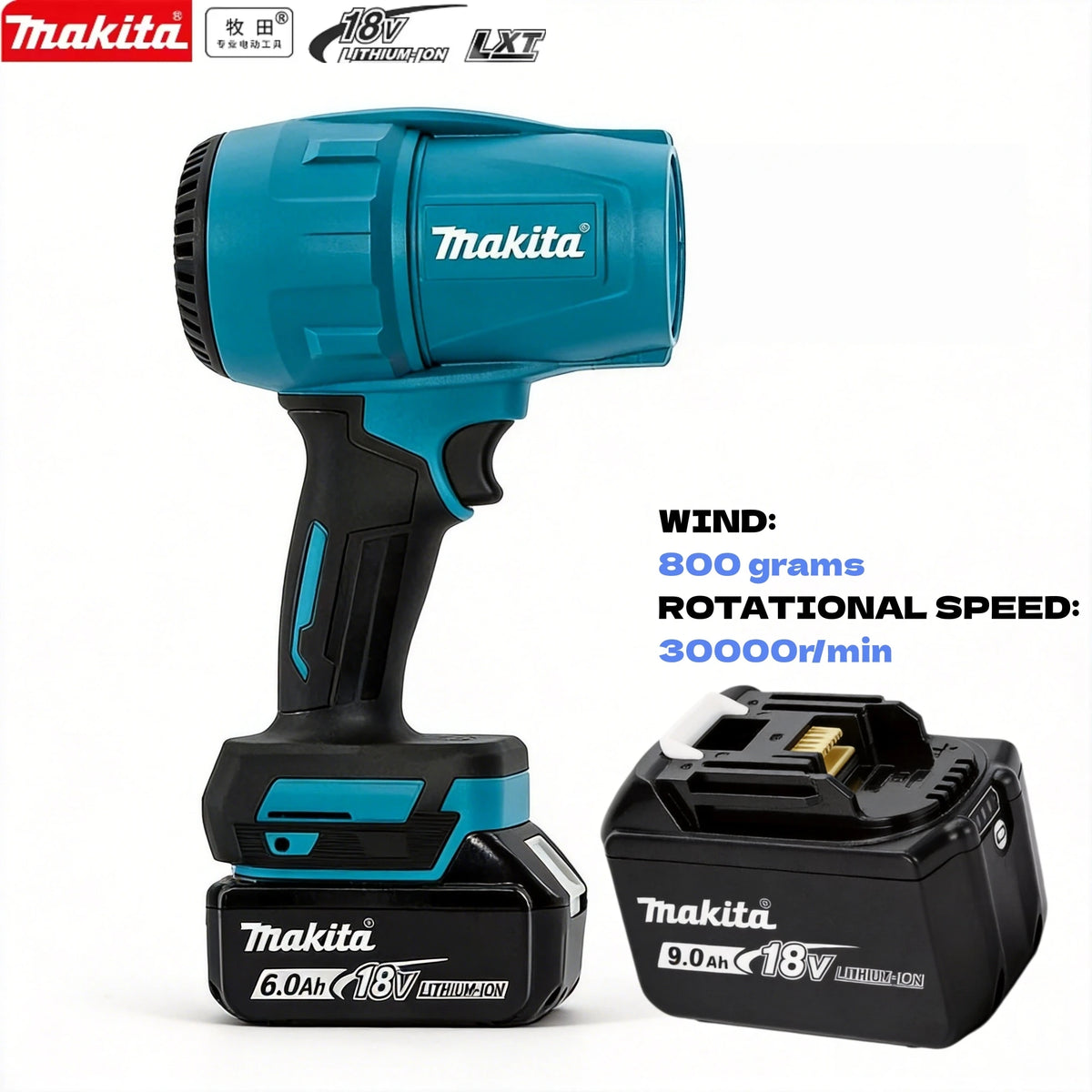 Soffiatore ad alta potenza Makita M306, 1080 W, con elevata capacità di asciugatura, ideale per lavare auto e rimuovere l'acqua dalle superfici.