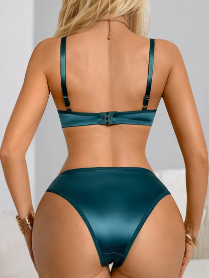 Set di reggiseno push-up in raso sexy da donna e slip a vita alta - Set di biancheria intima lucida verde MR2938