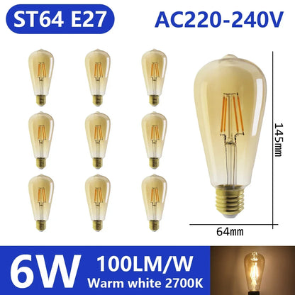 Confezione da 10 lampadine a filamento LED per E27 B22 220V 240V 4W 6W 9W Lampadine a LED bianche calde Lampada in vetro vintage
