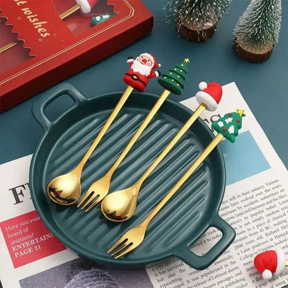 Set cucchiaio e forchetta natalizio in acciaio inossidabile caffè tè utensili da dessert confezione regalo design albero di Babbo Natale facile da pulire     6/4/2/1PZ