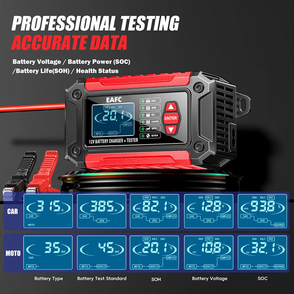 Nuovo 2in1 Smart Caricabatteria per auto Tester del sistema Analizzatore batteria per auto moto per batterie al litio LiFePo4 al piombo acido AGM GEL