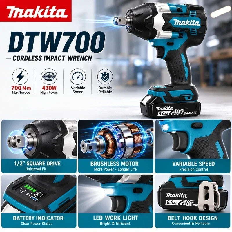 Avvitatore a impulsi Makita DTW700 18V senza fili, brushless, 700 Nm, professionale, con attacco quadrato da 1/2 pollice, velocità variabile, Auto-Stop, compatibile con batterie Makita LXT BL1830 BL1840 BL1850 BL1860B - Maga