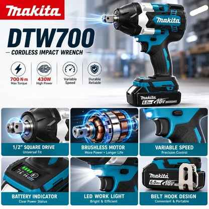 Avvitatore a impulsi Makita DTW700 18V senza fili, brushless, 700 Nm, professionale, con attacco quadrato da 1/2 pollice, velocità variabile, Auto-Stop, compatibile con batterie Makita LXT BL1830 BL1840 BL1850 BL1860B - Maga
