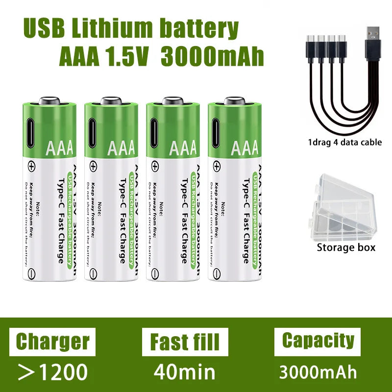 Nuove Batterie al Litio Ricaricabili AA 1.5V 3800mAh + AAA 3000mAh, Ricarica Rapida, 1200 Cicli, con Cavi Gratuiti e Scatola