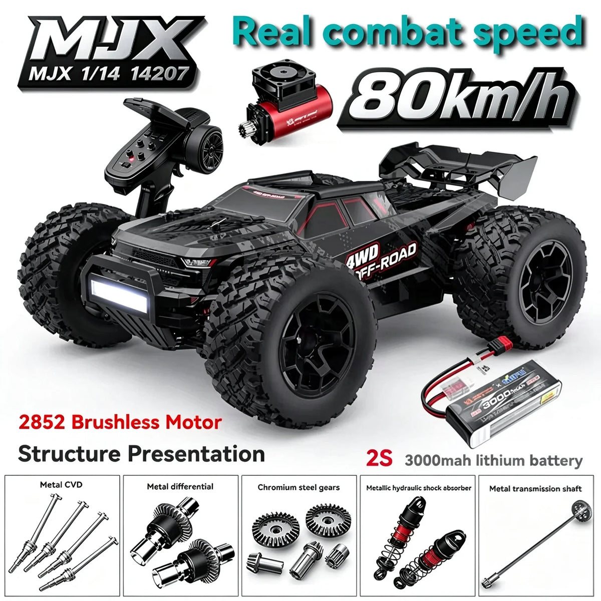 Auto RC MJX Hyper Go 14207 Brushless, Scala 1/14, 2.4G 4WD, Elettrica ad Alta Velocità, Fuoristrada, Telecomando, Monster Truck per Bambini