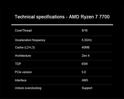 Processore desktop AMD Ryzen 7 7700, 8 core, 4,5 GHz, tecnologia 5 nm, 32 MB di memoria cache L3, socket AM5 (il dissipatore di calore non è incluso).