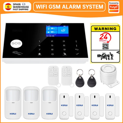 Sistema di Allarme KERUI WIFI GSM con Supporto per 3 Zone Cablate, Allarme Domestico Antifurto Compatibile con Tuya Smart, Sensore PIR 433MHz per Protezione di Sicurezza