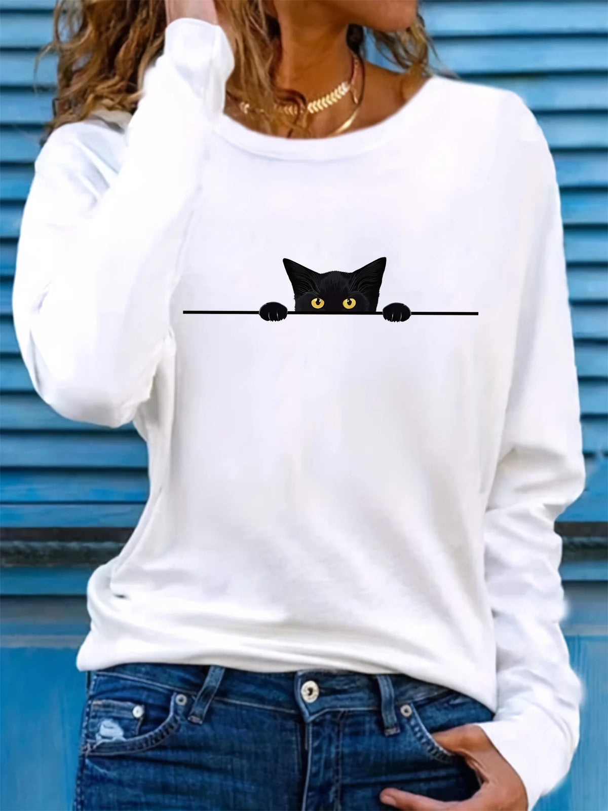 T-shirt da donna in 100% puro cotone, ideale per la primavera e l'autunno, comoda, casual, alla moda, con maniche lunghe, stampa grafica a tema felino e scollo rotondo.