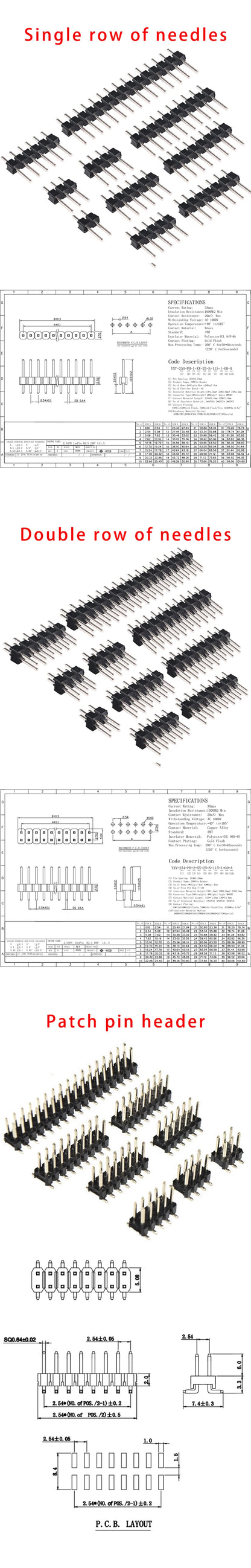 Connettore a pin singolo da 2,54 mm per scheda PCB con pin header da 2/3/4/5/6/8/10/12/20/40 pin per Arduino