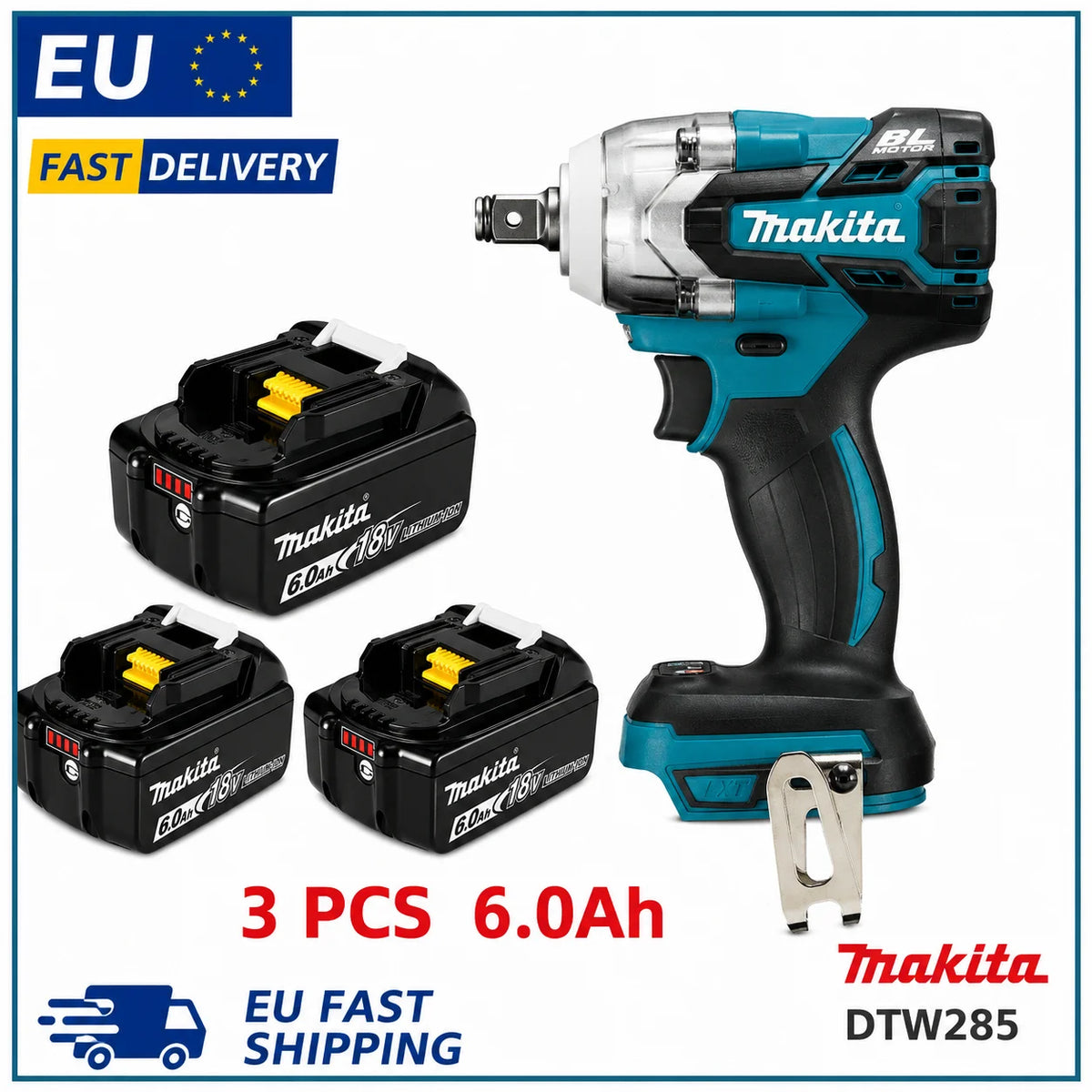 Makita DTW285 Avvitatore a Impulsi 18V 320N·m Senza Spazzole Senza Fili + Batteria 6.0Ah Utensile Elettrico ad Alta Coppia Disponibilità EU Spedizione 1-3 Giorni
