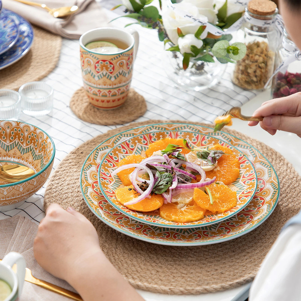 Vancasso 16/32 pezzi piatto ceramico set di stoviglie in porcellana con motivo mandala bohémien con piatto piano, piatto da dessert, ciotola, tazza