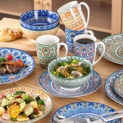 Vancasso 16/32 pezzi piatto ceramico set di stoviglie in porcellana con motivo mandala bohémien con piatto piano, piatto da dessert, ciotola, tazza